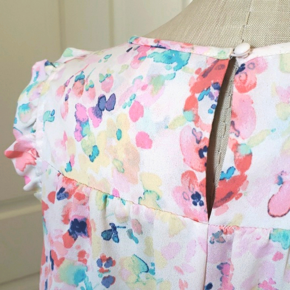 LC LAUREN CONRAD Sleeveless Blouse Watercolor Floral Ruffle Shoulders • MEDIUM - Picture 8 of 16